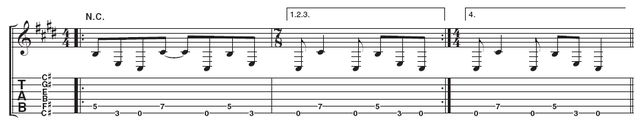 Riff 1: If you use fingers 3 and 1 you should notice how this riff is based on two power chord shapes (which appear in riff 3). For the stretch out to the 7th fret C#, you may like to use your 4th finger to avoid moving too far out of position. A little bit of vibrato sounds good on this note, as Wes demonstrates.